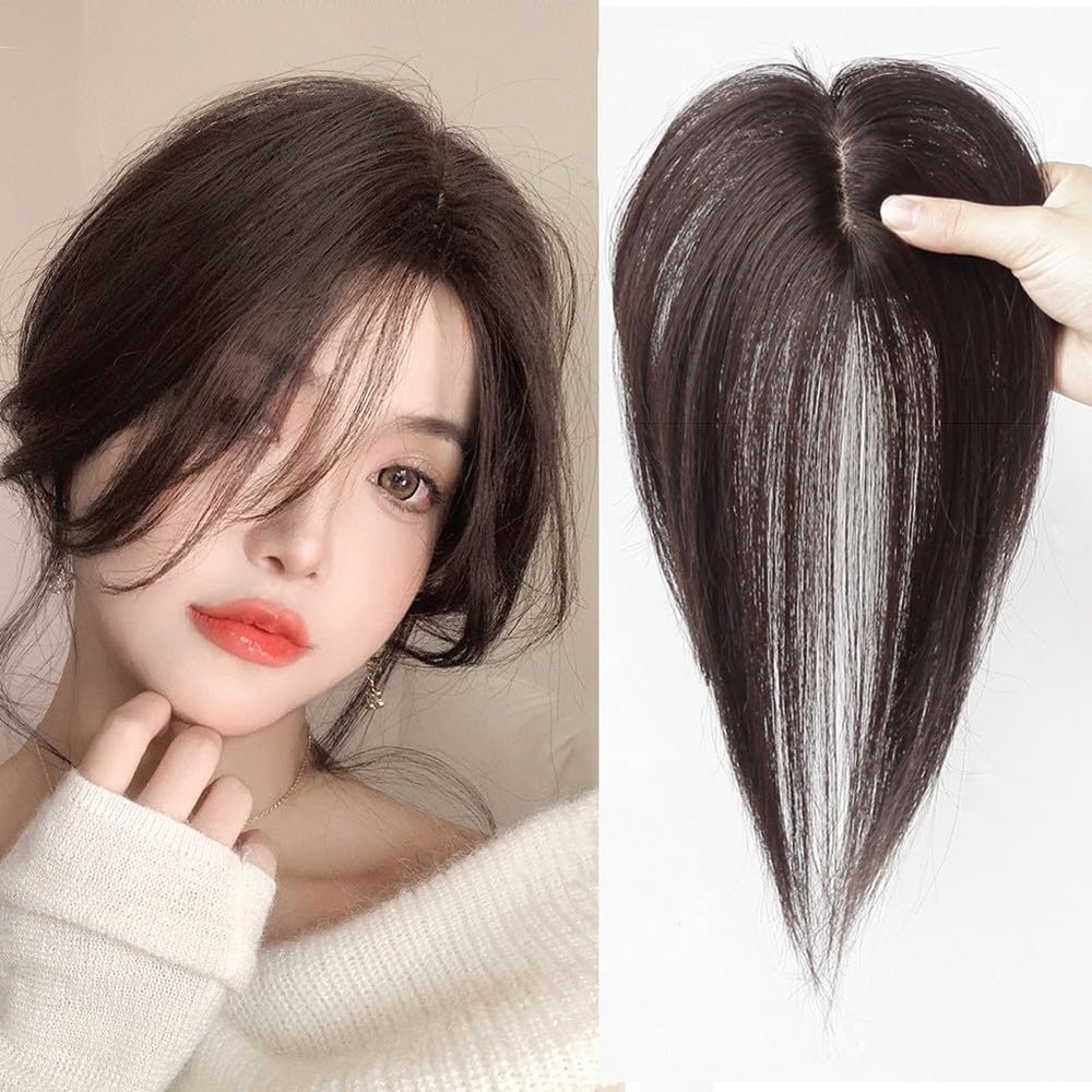 LesafeV Forehead Fringe Bangs Extension Human Hair 4x8cm Mini Hairpiece Clip in 25cm Head Top Replacement Topper (Middle Part French Temple Black)