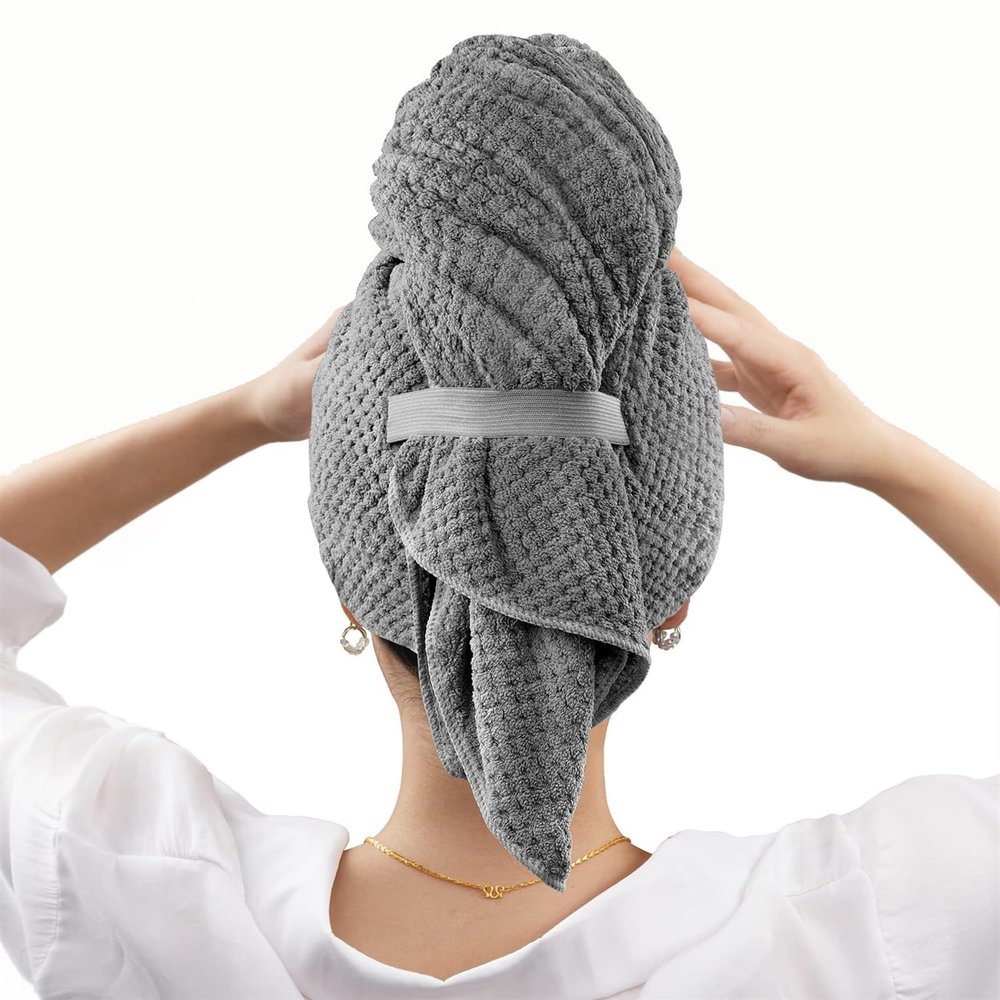 Large Microfiber Hair Towel Wrap for Women, Anti Frizz Hair Drying Towel with Elastic Strap, Fast Drying Hair Turbans for Wet Hair, Long, Thick, Curly Hair, Super Soft Hair Wrap Towels Dark Gray (Col