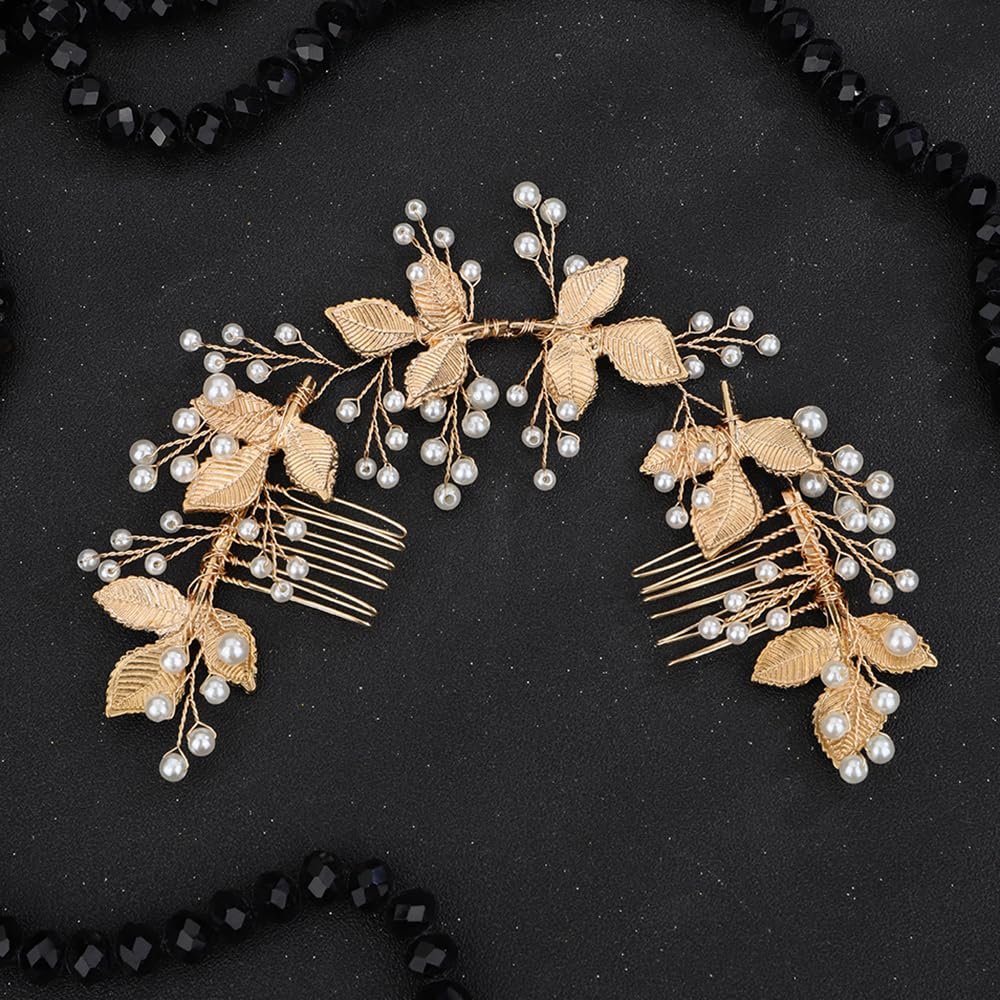JWICOS Gold Leaf Headband for Women Bridal Wedding Hair Vine Headpiece Wedding Side Comb Handmade Hair Accessories for Brides and Costume Party
