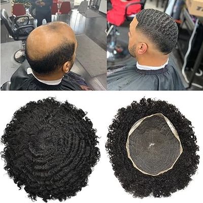 Afro Toupee Black Man Hiar Unit Full lace Weave Hair Unit Kinky Curly Hair Replacement Units For Black Mens Afro Toupee 8''X10'' 4MM Afro Wave #1 Jet Black