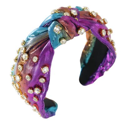 Gmmidea Rainbow Knotted Headband for Women Girls Glitter Crystal Rhinestone Headband Wide Knot Luxury Metallic Hairband Ladies Party Holiday Hair Hoop Purple