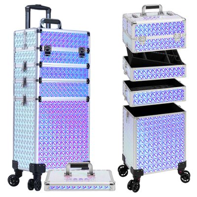AROUS 5 in 1 Rolling Makeup Train Case Cosmetology Case on Wheels Large Cosmetic Organizer Travel Cart for Hairstylist Artist Nail Beauty Salon Barber,Silver