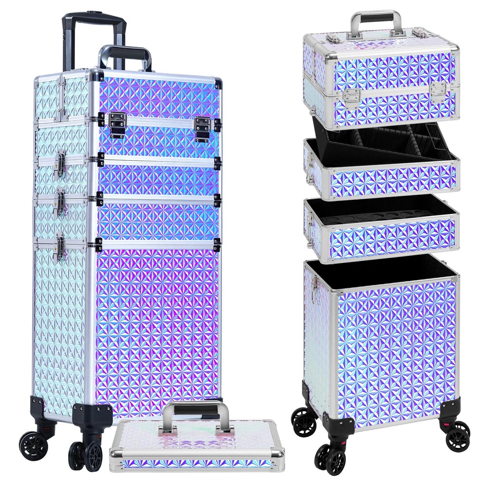 AROUS 5 in 1 Rolling Makeup Train Case Cosmetology Case on Wheels Large Cosmetic Organizer Travel Cart for Hairstylist Artist Nail Beauty Salon Barber,Silver