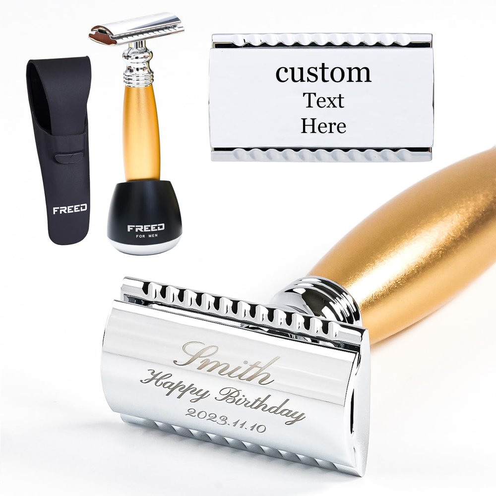 FREED Customized gifts Engraving Shaving Kit - Safety Razor with metal handle include razor base, razor travel case and 10 blades,it's the best gift for men (Gold)