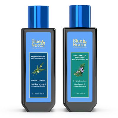 Blue Nectar Hair Care Power Pack: Hair Fall Control Oil + Rosemary Growth Elixir - Ayurvedic Magic for Vibrant, Strong Locks