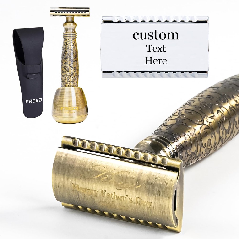 FREED Customized gifts Engraving Shaving Kit - Safety Razor with metal handle include razor base, razor travel case and 10 blades,it's the best gift for men (Bronze)