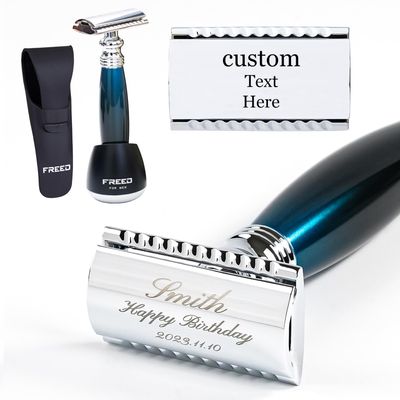 FREED Customized gifts Engraving Shaving Kit - Safety Razor with metal handle include razor base, razor travel case and 10 blades,it's the best gift for men (Galaxy Blue)