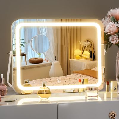Hasipu Vanity Mirror with Lights, 14" x 10" LED Makeup Mirror, 3 Modes Light, Smart Touch Control Dimmable, 360Rotation, Rectangle White Frame, with 5X Magnifying Glass