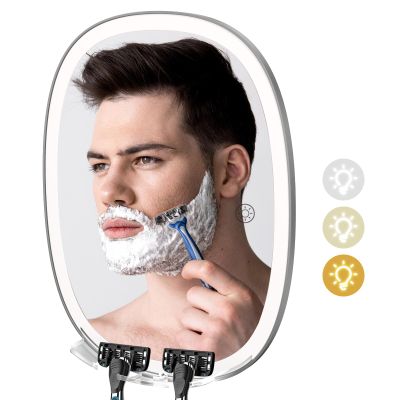 COSMIRROR Lighted Shower Mirror Fogless for Shaving with Light, 3-Color Dimmable Lights, 360 Rotation, Two Razor Holders No-Drilling Wall-Mounted Anti-Fog Bathroom Shower Mirror Grey