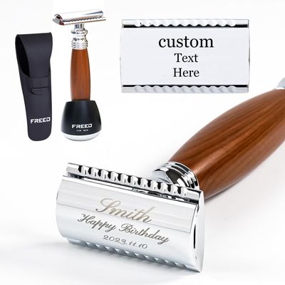 FREED Customized gifts Engraving Shaving Kit - Safety Razor with metal handle include razor base, razor travel case and 10 blades,it's the best gift for men (Nut Brown)