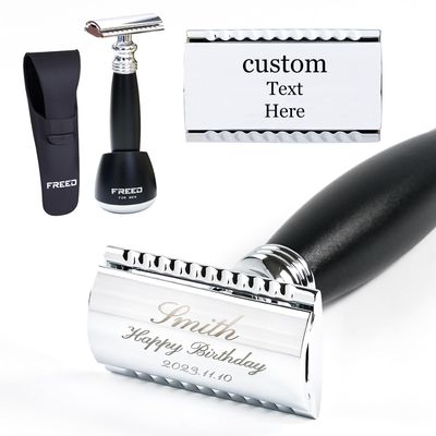 FREED Customized gifts Engraving Shaving Kit - Safety Razor with metal handle include razor base, razor travel case and 10 blades,it's the best gift for men (Black)