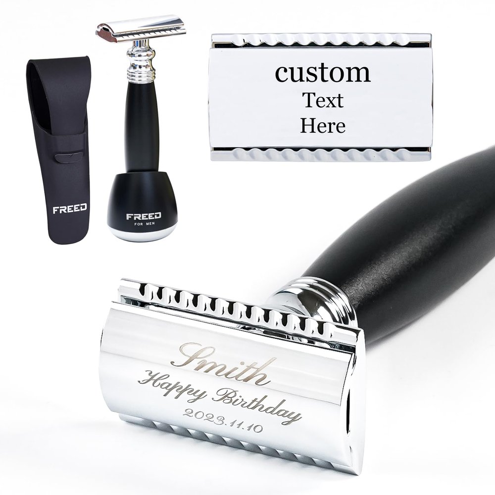 FREED Customized gifts Engraving Shaving Kit - Safety Razor with metal handle include razor base, razor travel case and 10 blades,it's the best gift for men (Black)