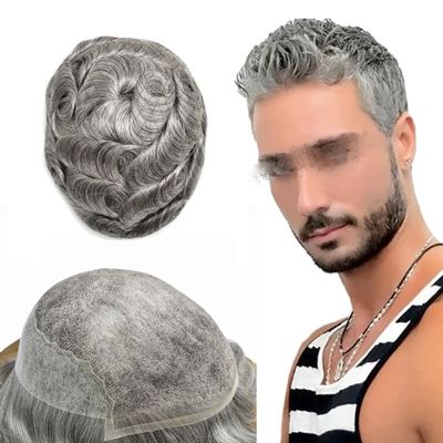 Toupee for Men Hair System Replacement French Swiss Lace Mens Toupee Poly Thin Skin Human Hair Piece Bleached Knot (6"X8", #1B80 Off Black+80% Gray-80% Light Density)
