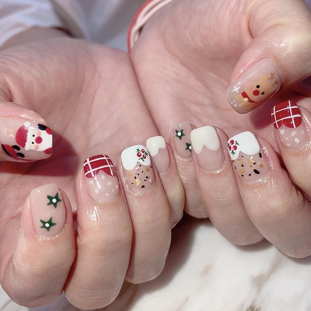 24 Pcs Square Christmas Press on Nails Short Christmas Fake Nails with Snowman and Cartoon Designs Winter Full Cover Christmas Glue on Nails Christmas Acrylic Nails for Women DIY Decorations