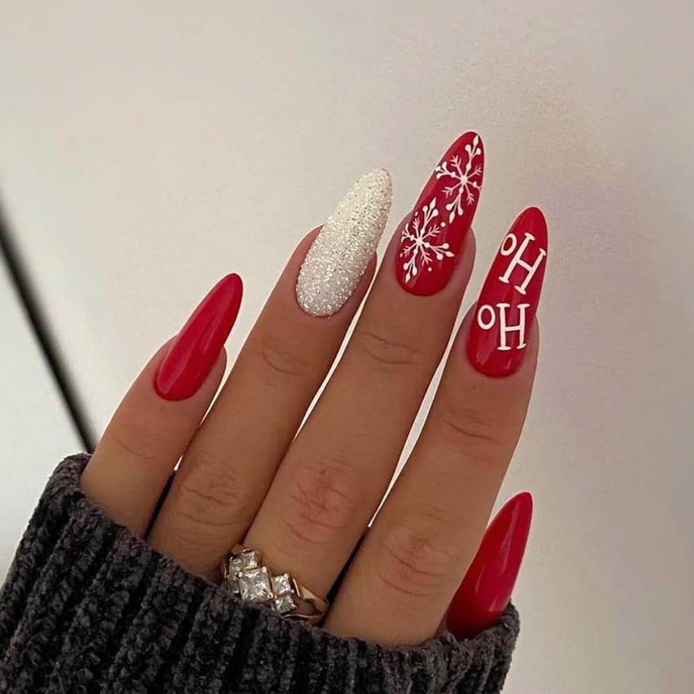 CEWEWP 24Pcs Christmas Press on Nails Almond Red Medium Glue on Nails with White Snowflakes Design Christmas Fake Nails Glossy Acrylic Nails Stick on Nails for Women Girls Christmas Nails Decoration