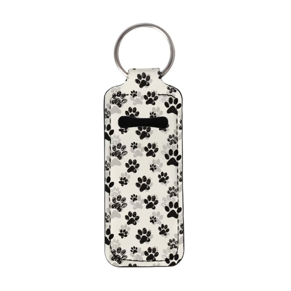 Baxinh Dog Paws Printed Chapstick Holder Keychain with Keyring, Neoprene Lippy Clip-on Holder Keychain for Women Girl, Functional Lip Balm Protector Case