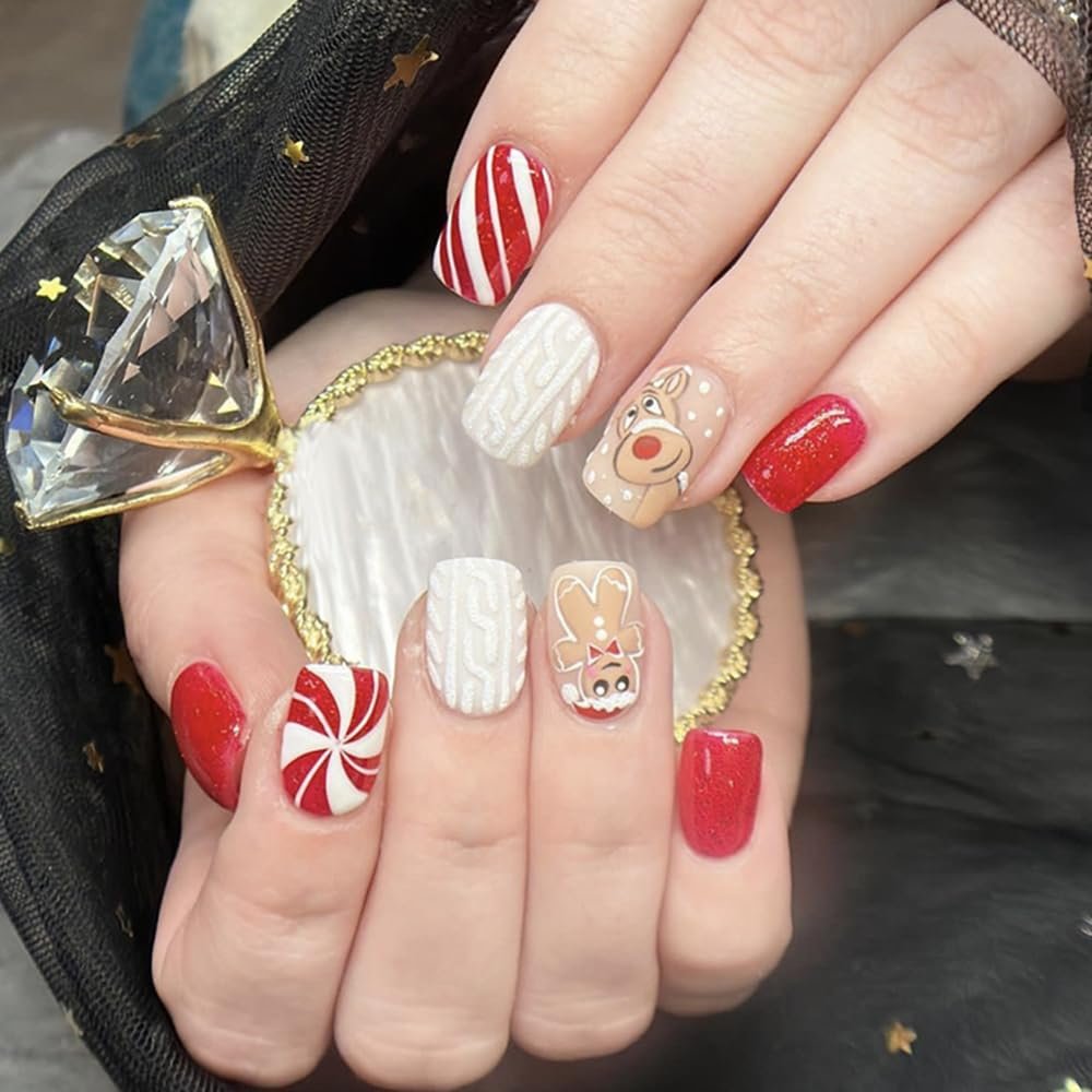 CEWEWP 24 Pcs Christmas Press on Nails Square Short Fake Nails with Embossed Gingerbread Man Designs Winter Full Cover Christmas Glue on Nails Christmas Acrylic Nails for Women DIY Decorations