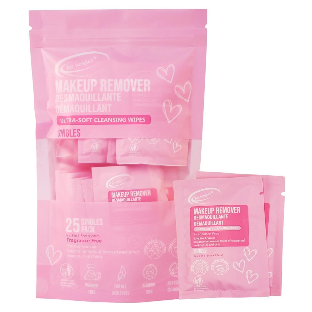 Air Jungles Pink Micellar Makeup Remover Wipes - 25ct Individually Wrapped Travel Size Facial Cleansing Wipes with Vitamin E, Gentle Face Wipes for Sensitive Skin, Gift for Women & Girls