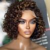 Short Bob Curly Human Hair Highlight Wigs Pre Plucked Real Full Lace Wigs Brazilian Hair Pixie Cut Curly Full Lace Human Hair Wigs For Woman 150% Density #1B/27 Deep Wave Wig 8Inch view 2