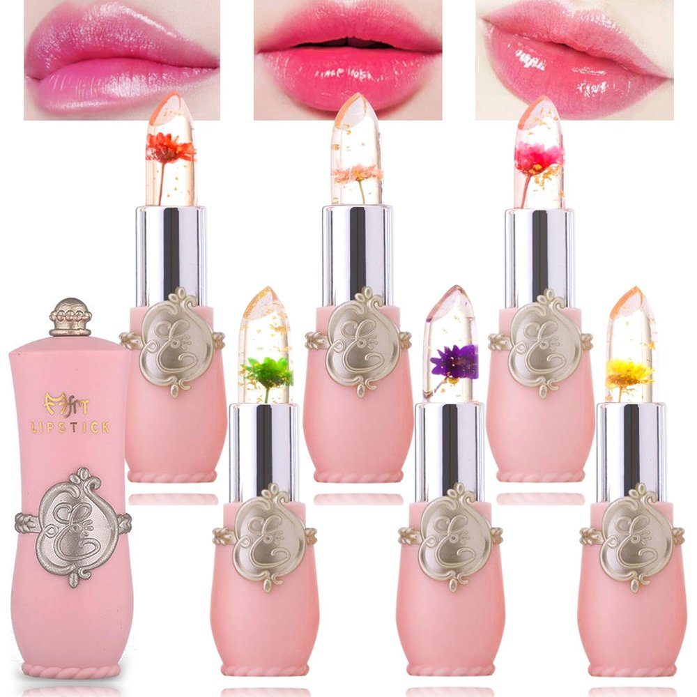 BKPPLZP 6 Pack Crystal Flower Jelly Lipstick,Magic Color Changing Lipstick,PH Clear Temperature Color Changing Lip Gloss,Lip Balm,Long Lasting Nourishing Moisturizing Lip Stick Set