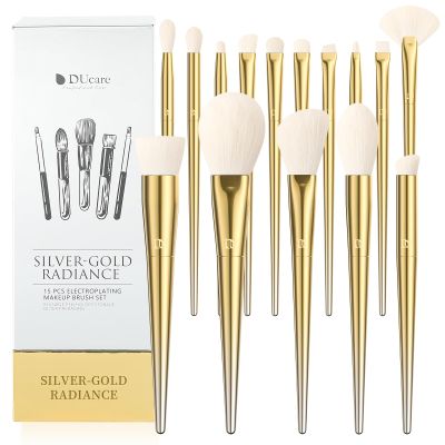 DUcare Makeup Brushes 15Pcs Makeup Brush Set with Holder Premium Synthetic Powder Foundation Contour Blush Concealer Eye Shadow Blending Liner Make Up Brush Kit gold-silver