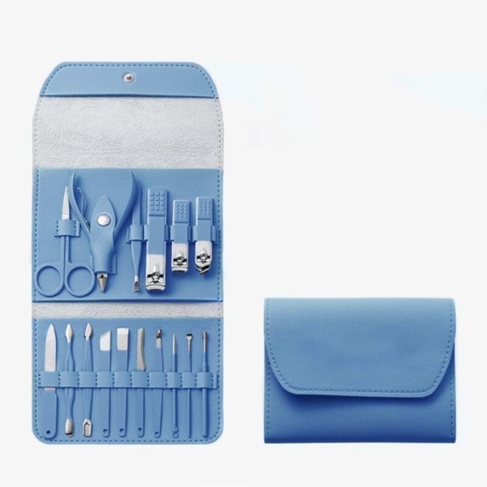 16pcs Nail Cutter Set Stainless Steel Nail Clippers Set with Folding Bag Manicure Cutter Kits Scissors Beauty Tool,Blue