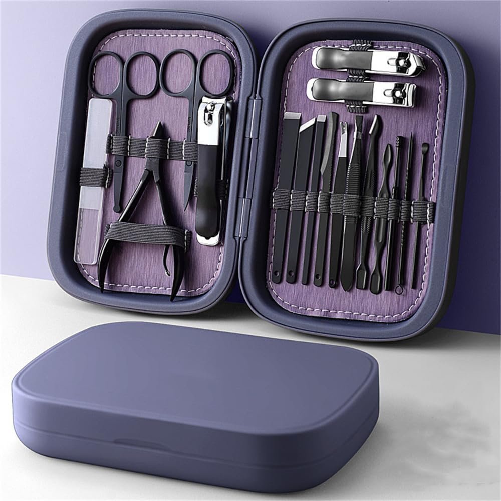 18PCS Manicure Set with Leather Case Foot and Face Care Tool Kits Stainless Steel Nail Clipper Sets Eyelash Tool,18PCS Blue