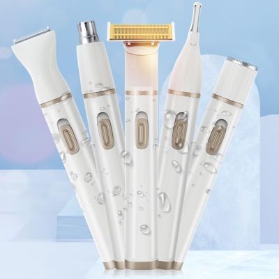 Electric Bikini Trimmer for Women - 5 in 1 Electric Shaver for Women, Waterproof Pubic Hair Trimmer and Facial Hair Remover, Replaceable Razors & Nose Hair Trimmer, Rechargeable Women's Grooming Kit