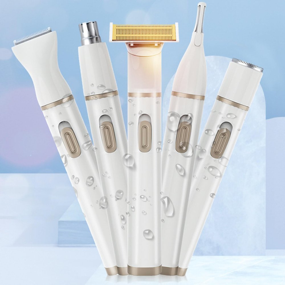 Electric Bikini Trimmer for Women - 5 in 1 Electric Shaver for Women, Waterproof Pubic Hair Trimmer and Facial Hair Remover, Replaceable Razors & Nose Hair Trimmer, Rechargeable Women's Grooming Kit