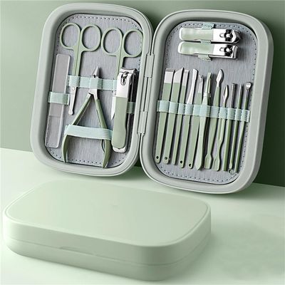 18PCS Manicure Set with Leather Case Foot and Face Care Tool Kits Stainless Steel Nail Clipper Sets Eyelash Tool,18PCS Green
