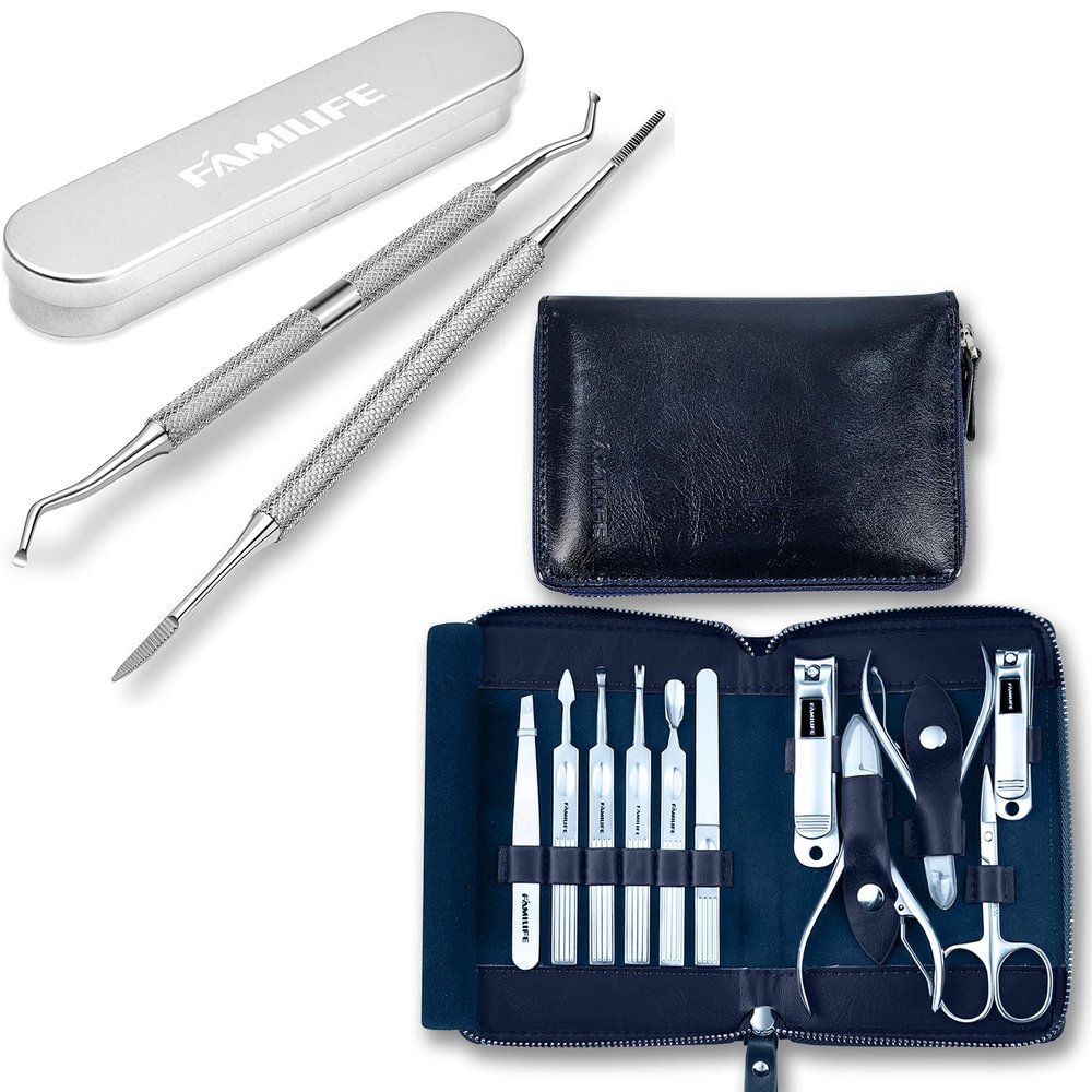 FAMILIFE Manicure Set, Professional Manicure Kit Nail Clippers Set 11 in 1 Stainless Steel Pedicure Tools Kit and 100% Stainless Steel Ingrown Toenail File and Lifter Double Sided with Storage Case