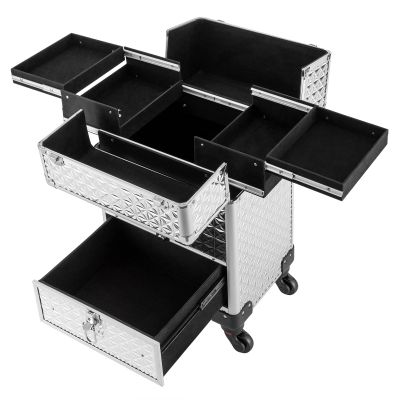juckeyroot Trolley Makeup Case, Rolling Nail Case Manicure Storage Case Polish Organizer, Aluminum Professional Train Case Cosmetics Organizer Storage, with 4 Removable 360 Rolling Wheels (Silver)