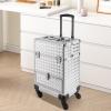 juckeyroot Trolley Makeup Case, Rolling Nail Case Manicure Storage Case Polish Organizer, Aluminum Professional Train Case Cosmetics Organizer Storage, with 4 Removable 360 Rolling Wheels (Silver) view 4