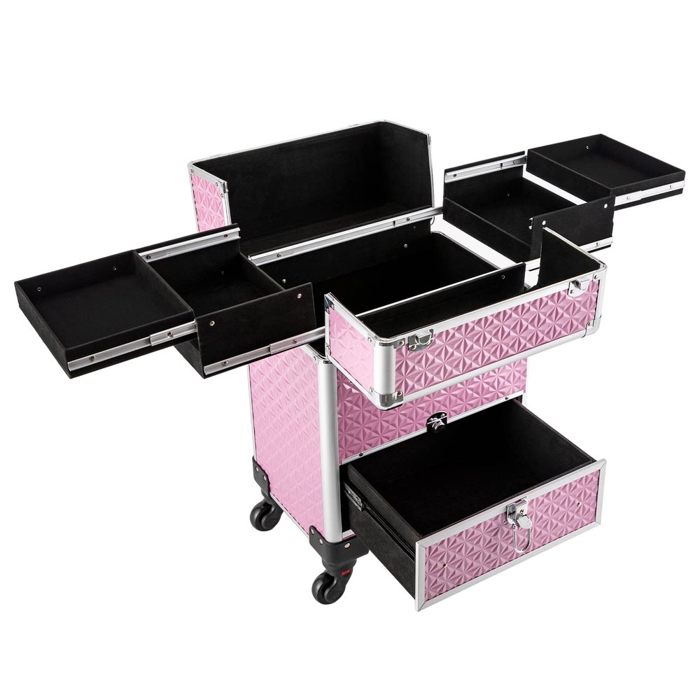juckeyroot Trolley Makeup Case, Rolling Nail Case Manicure Storage Case Polish Organizer, Aluminum Professional Train Case Cosmetics Organizer Storage, with 4 Removable 360 Rolling Wheels (Pink)
