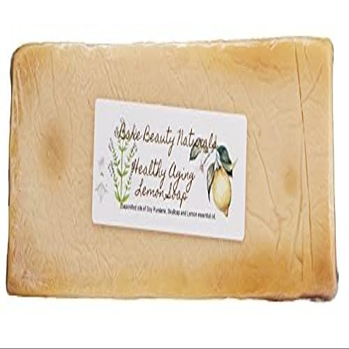 Bare Beauty Naturals 100% Natural Chemical free Healthy Aging Lemon Soap/Telomerase Activator // Cellular Skin Care // free Exfoliating Soap bag (Block cut 11-12.9 oz, Wooden Soap Dish)