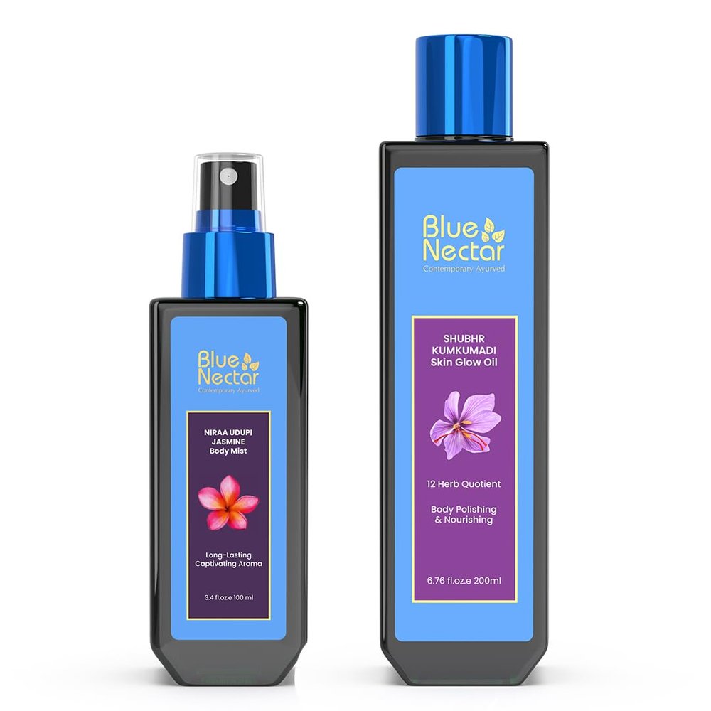 Blue Nectar Elevate Your Beauty Ritual Ayurvedic Duo: Kumkumadi Saffron Skin Glow Oil & Niraa Udupi Jasmine Body Mist - Natural Radiance & Lasting Freshness Combo