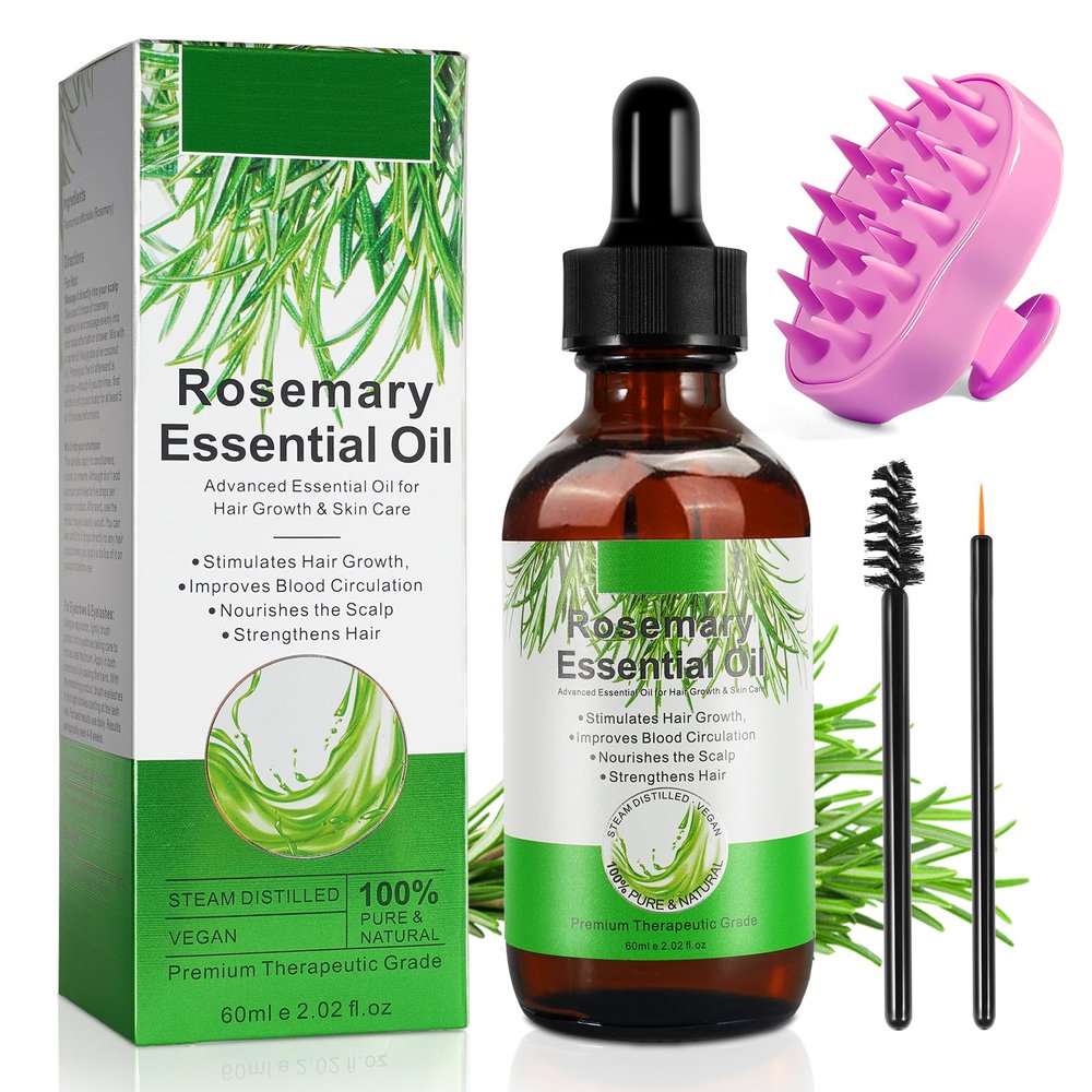 ATOANY Rosemary Oil for Hair Growth 2.02 Fl Oz with Scalp Massager, Pure Rosemary Essential Oil for Eyelashs, Eyebrows, Face, Skin Care, Body Massage, Nourishes The Scalp, Improve Blood Circulation