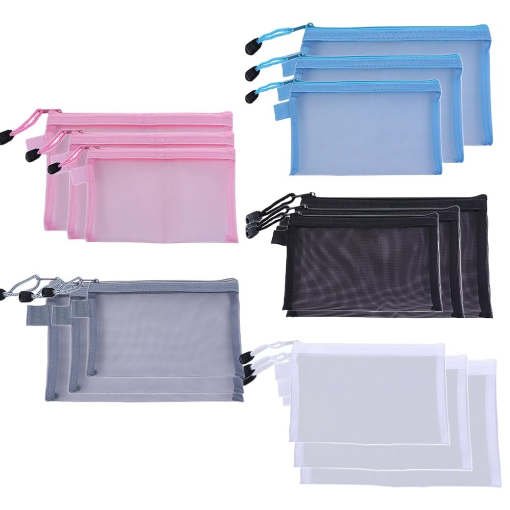 15Pcs A4/A5/A6 3 Sizes Zipper Mesh Bags Nylon Mesh Cosmetic Bags Zipper Makeup Mesh Bags Travel Zipper Bags Coin Purse Storage Bags Pencil Case Pouch