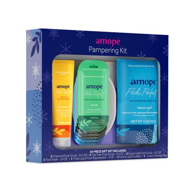 Amop Pampering Kit - Contains Charcoal Foot Scrub, Tea Tree Foot Scrub, Epsom Salt Foot Scrub, Invigorating Foot Soak, Tired Leg & Foot Rejuvenator, Foot & Leg Scrubber and Luxury Storage Bag