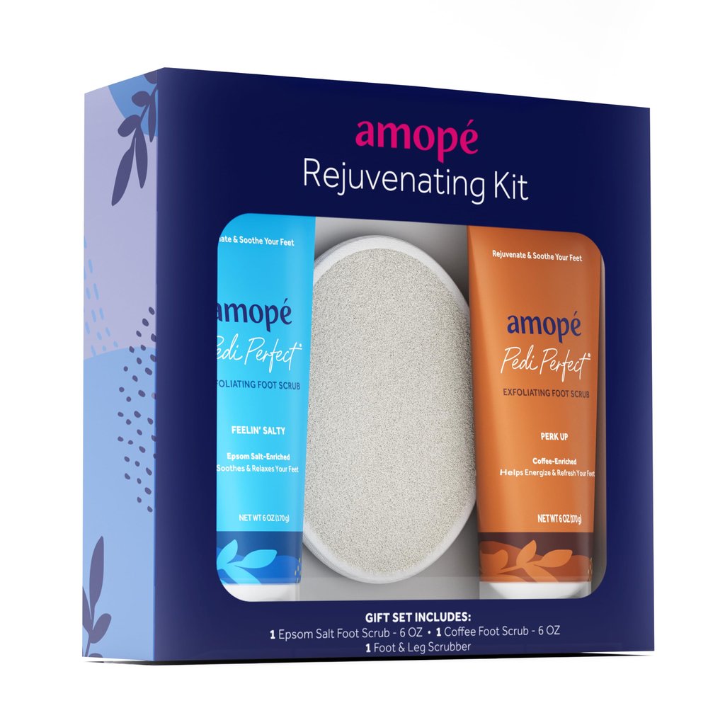 Amop Rejuvenating Kit - Contains Exfoliating Sugar Foot Scrubs with Epsom Salt, Coffee and a Nourishing Blend of Moisturizers to Rejuvenate, Smooth, Soothe & Relax your Feet, with Foot & Leg Scrubber