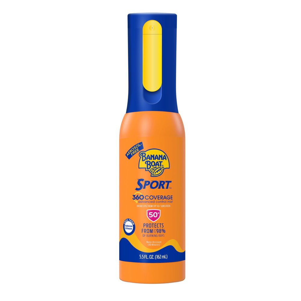 Banana Boat 360 Coverage Sport Sunscreen Mist SPF 50 | Refillable Bottle, Spray Sunscreen SPF 50, Non-Aerosol Sunblock, 360 Coverage Spray, 5.5Fl Oz