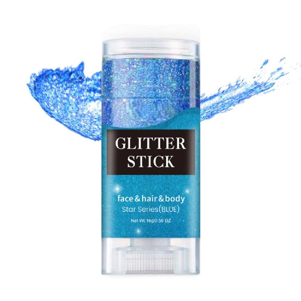 BlueFace Glitter Stick,Sparkling Neon Outfit Party Holographic Sequins Paint Body Glitter Gel Makeup.(Blue face Glitter Stick)