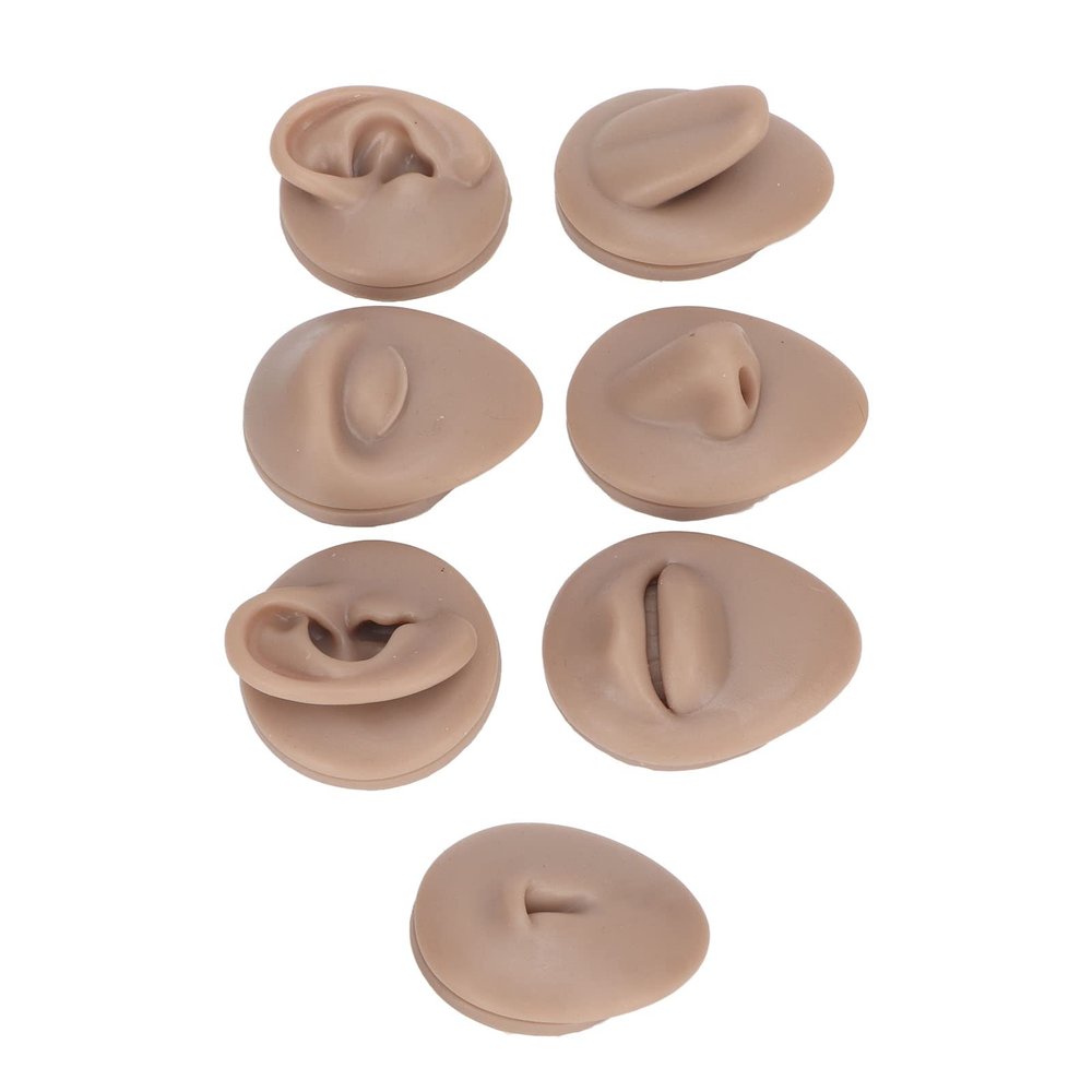 Body Piercing Practice Model Body Part Displays Set Simulation Silicone Ear Eye Nose Mouth Tongue Belly Button Model for Novice Piercer Soft Silicone Body Part Model (Dark Skin