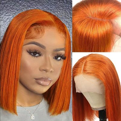 Sogram Orange Bob Wig Human Hair Straight (14 Inch) 13x4 Lace Front Wigs for Women Transparent Copper Ginger Lace Front Wigs Pre Plucked Brazilian Virgin Lace Frontal Wigs Colored 150% Density
