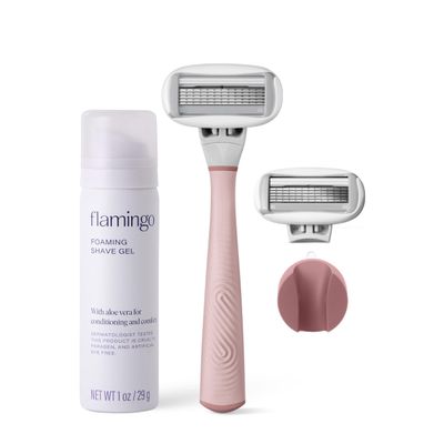 Flamingo Shaving Razor Set for Women - Razor Handle, 2 Razor Blade Refills, Foaming Shave Gel, and Shower Holder - Rose