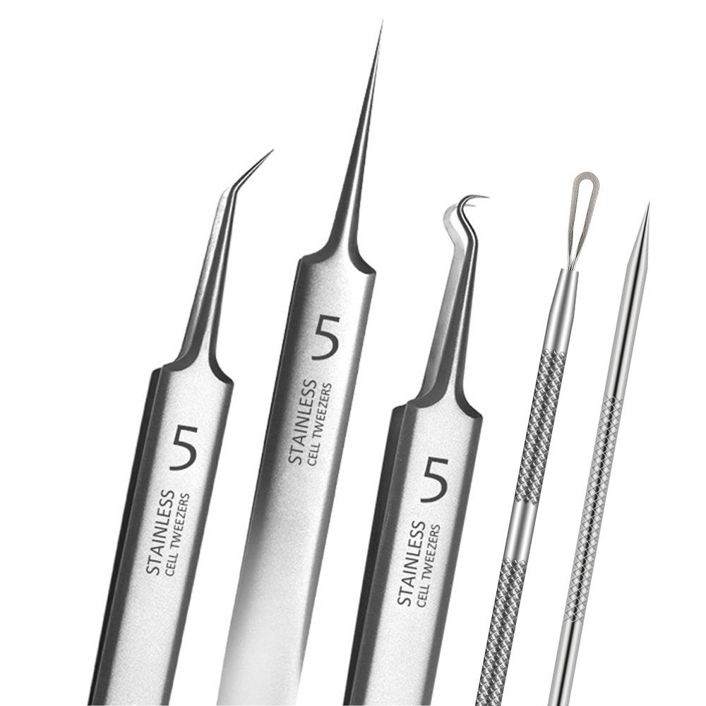 5pcs Blackhead Remover Tweezers Pimple Popper Tool Kit, Precision Acne Needle Comedone Blackhead Tweezers Extractor Removal Whitehead Popping Zit for Nose Face Skin Blemish Extractor Tool