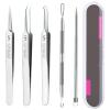 5pcs Blackhead Remover Tweezers Pimple Popper Tool Kit, Precision Acne Needle Comedone Blackhead Tweezers Extractor Removal Whitehead Popping Zit for Nose Face Skin Blemish Extractor Tool - Glossy view 1