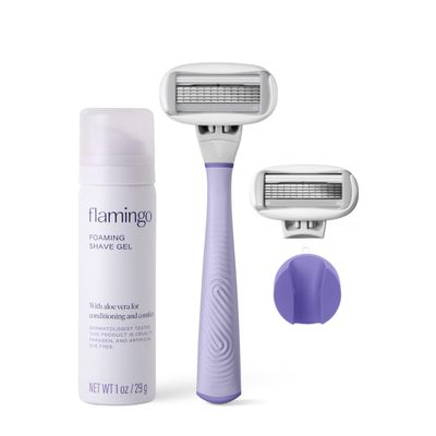 Flamingo Shaving Razor Set for Women - Original Razor Handle, 2 Blade Refills, Foaming Shaving Gel, and Shower Holder - Lilac