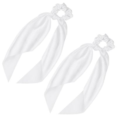 2 Pcs Knotted Bow Satin Hair Scrunchie Hair Scarf with Tail Hair Scrunchies Elastic Hair Scarf Ponytail Holder for Women and Girls (White)