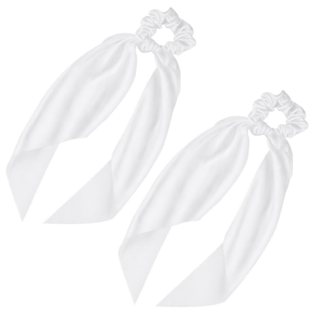 2 Pcs Knotted Bow Satin Hair Scrunchie Hair Scarf with Tail Hair Scrunchies Elastic Hair Scarf Ponytail Holder for Women and Girls (White)